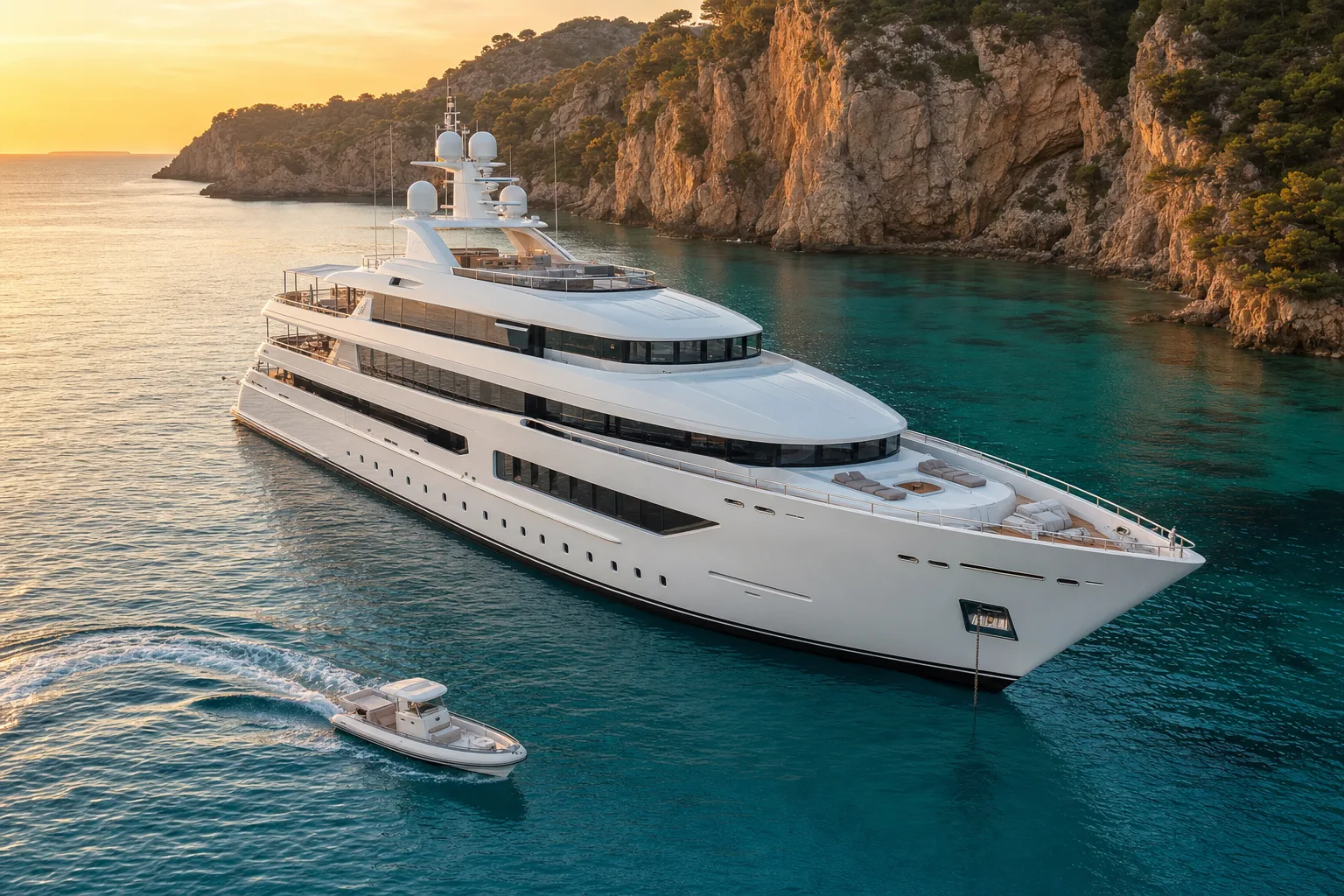 A large white superyacht at anchor in turquoise water at golden hour